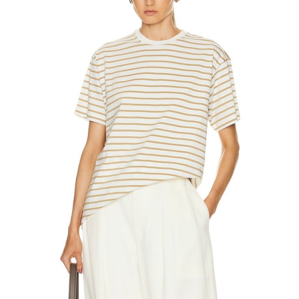 Toteme Cream and Tan Striped Short Sleeve Tee